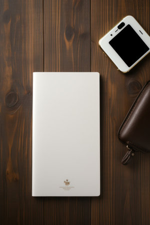 A top-down view shows a closed white notebook on a dark brown wooden table with a smartphone and a leather wallet. The lighting is natural, casting soft shadows. The composition is clean and minimalist. Ideal for business, technology, or lifestyle concepts, this image is suitable for various commercial uses.の素材