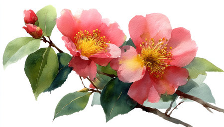 This watercolor illustration features delicate pink camellia flowers in various stages of bloom, set against a white background. The artwork showcases soft brushstrokes and a vibrant color palette, with details on the petals and leaves. This image may be suitable for botanical studies, decorative designs, or other creative projects.の素材