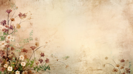 An elegant watercolor-style image presents a floral arrangement against a textured, light-colored background. The composition features various flowers, foliage, and artistic brushstrokes. The soft color palette and vintage aesthetic suggest design potential for editorial projects or decorative applications.の素材