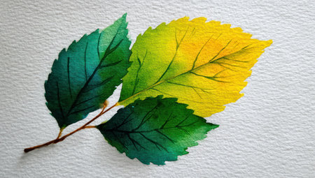 Three colorful leaves are depicted with watercolor technique, showcasing green, yellow, and blue hues. The leaves sit on a light textured background. This composition may be used for design purposes or editorial content related to nature or artistic design.の素材