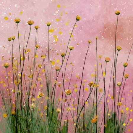 This watercolor artwork depicts tall yellow flowers against a soft pink backdrop. The composition features delicate stems and vibrant petals, suggestive of a field or garden. The overall style is artistic, with a focus on color and texture. Ideal for editorial use, print design, and decorative projects.の素材