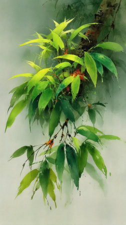 An artistic watercolor painting displays lush green leaves extending from a tree branch. The composition features a vertical arrangement with varying shades of green, and the soft, diffused lighting suggests a natural outdoor setting. Suitable for various editorial and commercial applications.の素材