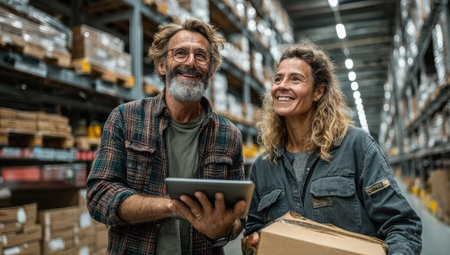 Two individuals, a man and a woman, are depicted in a warehouse setting, reviewing items. The man holds a tablet while the woman carries a package. The scene is illuminated by natural sunlight, highlighting the goods and textured surfaces. This image may be used for commercial or editorial applications related to logistics.の素材