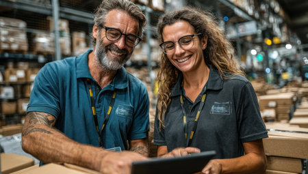 Two warehouse employees, a man and a woman, are closely examining a tablet device. They are surrounded by stacked boxes and shelves. The scene is illuminated by overhead lighting, suggesting an indoor environment. This image could be used in materials related to logistics or business operations.の素材