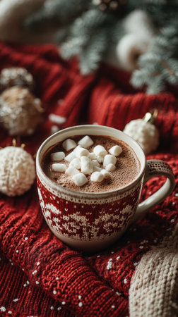 A close-up captures a mug filled with hot chocolate and marshmallows, set against a cozy red knitted fabric. The scene displays a warm, inviting atmosphere, enhanced by soft lighting. Ornamental details, blurred background elements, suggest a seasonal theme. Suitable for illustrations on holidays or festive seasons.の素材