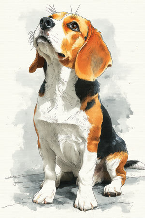 A watercolor illustration presents a beagle dog in a seated position, looking upwards with an attentive gaze. The artwork showcases the dog's coat in shades of brown, black, and white, with subtle textures and soft shading. The composition, set against a light background, would be suitable for various commercial or editorial applications.の素材