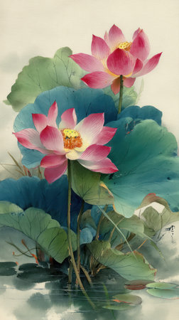 This watercolor painting showcases two lotus flowers in full bloom. The artwork features vibrant pink petals, yellow centers, and large green leaves, with a subtle reflection in the water. The composition is likely created with a traditional art style. It is suitable for decorative purposes or for use in print materials.の素材
