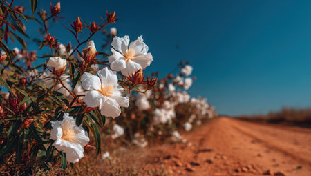 Close-up of vibrant white flowers with yellow centers flourishing on a bush. The image showcases a rustic dirt road leading into the distance. The scene is bathed in bright sunlight, enhanced by a clear blue sky, suggesting a warm day. Suitable for diverse applications, including nature content.の素材