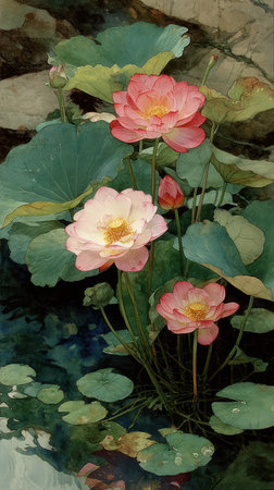 An artistic watercolor painting depicts lotus flowers with pink and white petals. The composition includes lush green leaves and water reflections, suggesting an outdoor environment. Soft lighting and textured brushstrokes create a tranquil mood, suitable for illustrating natural beauty and botanical themes in various applications.の素材