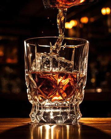 A stream of amber liquid cascades into a faceted crystal glass. The image showcases a close-up with dramatic lighting highlighting the drink's color and the glass's intricate design. This composition evokes a mood of sophistication, potentially suitable for advertising, editorials, or commercial purposes.の素材