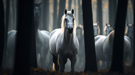 A group of white horses are seen standing in a forest. The image showcases a natural outdoor environment with a focus on wildlife. The scene presents a moody atmosphere with blurred backgrounds and soft lighting. This photograph could be useful for various commercial and editorial projects.の素材