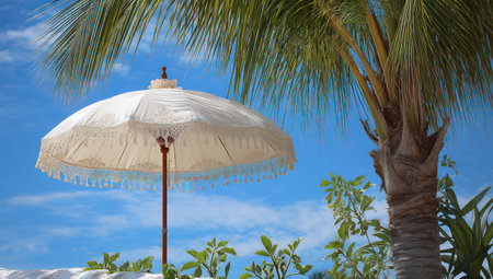 A white parasol stands under a palm tree, set against a vibrant blue sky. The image features natural sunlight, highlighting the textures of the foliage and the parasol. It could be used for illustrating leisure, vacation, or tropical themes in various commercial and editorial contexts.の素材