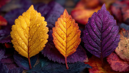 This image features three colorful leaves, displaying a spectrum of warm hues. The composition showcases detailed texture and water droplets, indicating a moist environment. The background shows a collection of additional leaves with various colors. Suitable for various projects, including seasonal themes and design elements.の素材