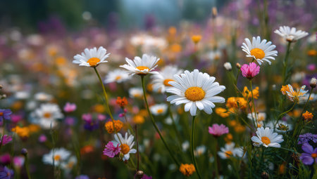 A close-up view displays numerous daisies and wildflowers, showcasing white petals with yellow centers. The image features a shallow depth of field, with soft focus creating a dreamy aesthetic. Various colors such as pink, purple and yellow appear. This image could be used for various projects.の素材