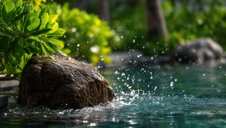 A close-up view presents a rock amidst water with splashes, enhanced by soft focus. The scene features vibrant green foliage in the background, set under daylight. The composition offers visual elements suitable for nature-themed projects, illustrating concepts of serenity, and ideal for editorial or commercial applications.の素材