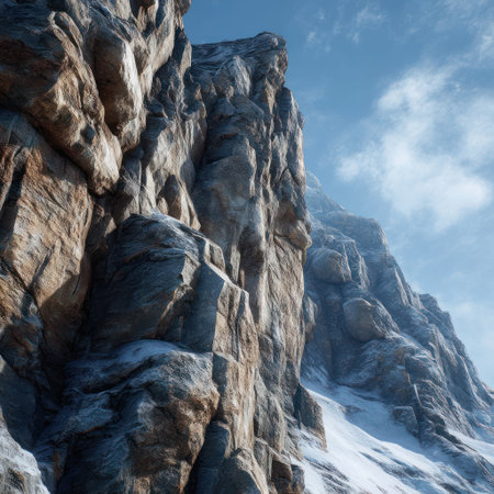 A close-up view presents a craggy mountain peak, revealing detailed textures and layers of rock formations. The scene is illuminated by daylight, with blue sky and scattered clouds. The composition offers various applications for landscapes and nature-themed commercial and editorial projects.の素材