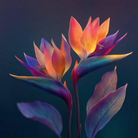 Two bird of paradise flowers are presented, showcasing vivid orange, purple, and blue hues. The image features a close-up composition, highlighting detailed textures and gradients. The setting appears to be a studio with soft lighting, suggesting potential use in decorative design, floral art, or conceptual illustrations.の素材
