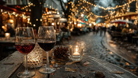 Two glasses of red wine sit on a wooden table, in front of a blurry background. The image is bathed in warm light from string lights and candles, adding a cozy atmosphere. The composition emphasizes the drinks, suggesting celebration and relaxation. It could be used for food and beverage promotions or lifestyle content.の素材