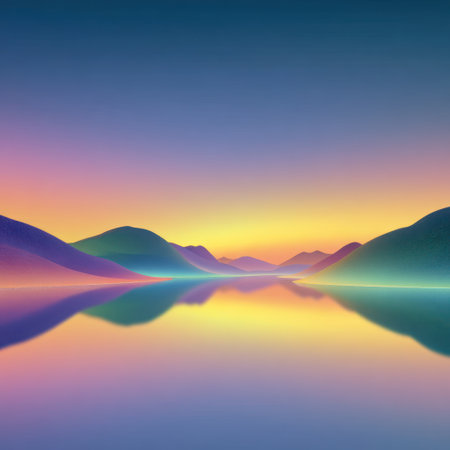 A scenic landscape showcases mountains reflected in calm water. The composition features a gradient sky with warm tones of orange and yellow, transitioning to cooler shades. The overall aesthetic suggests a tranquil setting with soft lighting and a focus on natural elements, suitable for various editorial and commercial applications.の素材