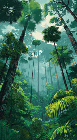 This image showcases a verdant forest scene with tall trees, lush foliage, and a bright daytime sky. The composition emphasizes vertical lines, while the color palette is dominated by various shades of green, with hints of blue. It may be suitable for illustrating environmental themes, promoting travel, or serving as a background.の素材