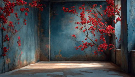 Red flowering branches gracefully extend across a textured blue wall, forming a tranquil indoor scene. The composition emphasizes natural beauty, with soft lighting enhancing the color contrast. This image could be used for decorative purposes, providing a sense of calm and visual interest to various projects.の素材