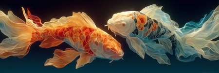 Two koi fish are depicted with flowing, translucent fins against a dark, contrasting background. The fish exhibit vibrant orange, red, and white patterns, creating a visually striking composition. The image has the potential for various commercial and editorial applications, offering versatility in design projects.の素材