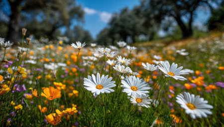 A field of colorful wildflowers, dominated by white daisies and orange blooms, thrives under a bright blue sky. The scene is illuminated by natural sunlight, showcasing the textures of the various flowers. The soft focus in the background suggests a natural outdoor environment, suitable for various editorial and commercial uses.の素材