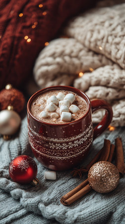 A close-up view presents a mug of hot cocoa topped with marshmallows, accompanied by decorative ornaments and knitted textures. The scene features a rich color palette of red and brown against a backdrop of soft, textured fabric. This composition evokes feelings of comfort, suitable for editorial content or various commercial applications.の素材