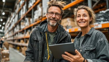 Two individuals, a man and a woman, are depicted in a warehouse setting, smiling while holding a digital tablet. The composition showcases shelves filled with inventory. Warm lighting and a medium shot emphasize the subjects and their activity, suggesting a business environment suitable for commercial use.の素材