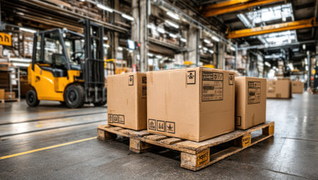 A warehouse interior showcases cardboard boxes placed on pallets with a forklift in the background. The scene features a combination of warm and cool tones, with natural lighting. The composition suggests an industrial setting. This image is suitable for various commercial purposes and editorial content.の素材
