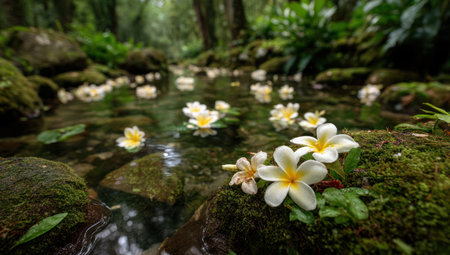 The image showcases delicate white flowers with yellow centers gracefully floating on a tranquil body of water. Lush green moss covers the surrounding rocks, creating a serene and natural setting. The composition uses natural light and a shallow depth of field, emphasizing the foreground. This visual could be used for various editorial and commercial applications.の素材