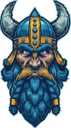 This illustration depicts a stylized Viking warrior, featuring a detailed helmet with horns and a long beard. The image utilizes a bold color palette with shades of blue and gold. The composition is a close-up portrait, suggesting a focus on the character. Suitable for various editorial and commercial applications.の素材