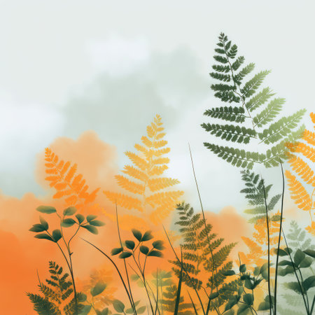 An artistic illustration presents various fern and plant life rendered in a watercolor style. The composition features diverse shades of green and orange with a soft, blurred background suggesting an open sky. This artwork is suitable for use in design projects or as decorative elements.の素材