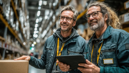 Two men in a warehouse setting study a tablet near stacked cardboard boxes. The composition employs a medium shot, showcasing their interaction in an industrial environment. The lighting suggests daytime. This image may be suitable for illustrating supply chain management, logistics, or operational procedures in various publications or commercial projects.の素材