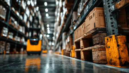 A warehouse interior displays many boxes on shelves, with a forklift in the background. The scene is well-lit, featuring warm tones and a shallow depth of field. This image is suitable for commercial use in logistics, distribution, and storage projects.の素材