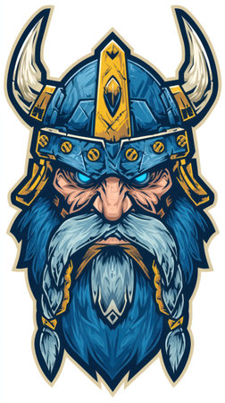 This illustration depicts a viking warrior with a detailed helmet and horns. The artwork showcases a stylized, vector graphic with blue and gold color scheme. The lighting suggests a dramatic effect, suitable for fantasy and historical themes. This image is applicable for various commercial projects and editorial content.の素材