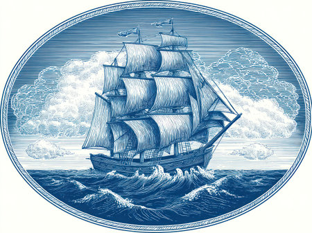 An engraved illustration presents a vintage sailing ship navigating turbulent waters beneath a cloudy sky. The artwork is characterized by intricate line work and a monochromatic color scheme. The composition suggests an outdoor maritime setting, possibly representing exploration or adventure. This image could be used for various commercial projects and editorial content.の素材