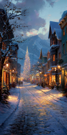 A picturesque winter scene showcases a snow-covered street illuminated by soft, inviting lights. Buildings line the sides of the road. The artwork features a composition with a cool palette, evoking a sense of tranquility and a festive atmosphere. This image is suitable for a variety of editorial or commercial purposes.の素材