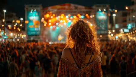 A woman with curly hair stands amidst a large crowd, observing a brightly lit stage. The image displays warm tones from the stage lights and ambient illumination, suggesting an outdoor nighttime setting. The composition and lighting create a sense of atmosphere suitable for promotional content and editorial use.の素材