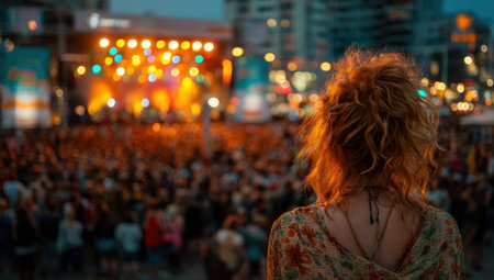 A woman with curly hair stands with her back to the viewer, observing a concert. The scene features warm stage lighting illuminating a band and the large crowd. The composition has a shallow depth of field, blurring the background. This image could be used for editorial and commercial purposes.の素材