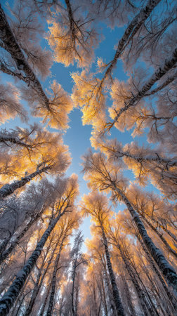 An upward perspective captures tall birch trees with frosted branches against a vibrant blue sky. Golden sunlight bathes the upper canopy, creating a contrast of light and shadow. The composition highlights the trees' vertical lines and texture. Suitable for various editorial and commercial applications.の素材