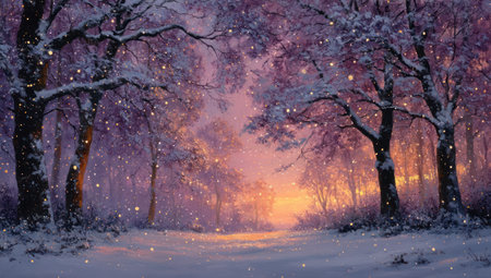 A picturesque winter forest scene features snow-covered trees and falling snowflakes. The composition presents a path leading into the distance, highlighted by a warm, glowing light. Soft colors and a dreamy quality suggest a calm, tranquil environment, suitable for various editorial and commercial applications.の素材