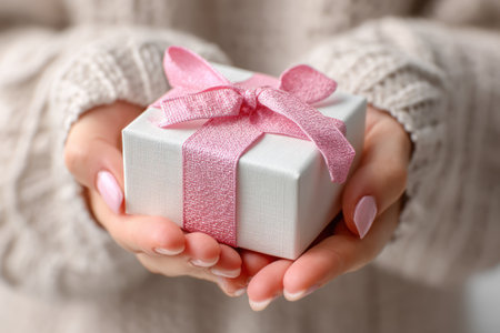 A woman holds a small, square gift box, its white surface accented by a delicate pink ribbon and bow. The image showcases the hands and part of the arms, clad in a textured sweater. The lighting appears soft, possibly indoors, with a shallow depth of field. Suitable for illustrating concepts of giving, celebration, or special occasions.の素材