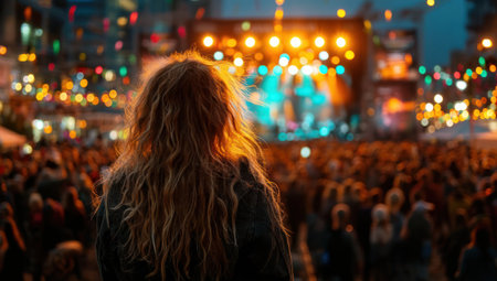 A woman with long hair stands observing a crowd in front of a brightly lit stage. Warm-toned lighting illuminates the scene, casting soft glows on the figures. The composition captures the energy of a music performance. Suitable for uses related to music festivals, concerts, and entertainment.の素材