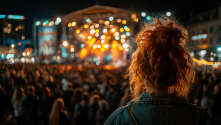 A woman with red hair is seen from behind, observing a large crowd gathered at a nighttime outdoor concert. The image showcases a stage illuminated by vibrant lights, creating a blurred, colorful background. This photograph could be used for articles, advertising, or marketing materials related to music events or entertainment.の素材