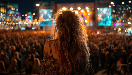 A woman stands with her back to the viewer, looking at a large crowd enjoying a concert. The scene features bright stage lights illuminating a vibrant scene. The composition creates a feeling of being present in a large outdoor setting. This image may be suitable for various commercial uses.の素材