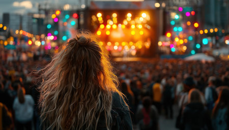 A woman with curly hair is captured from the back, looking towards a brightly lit stage at a music festival. The scene showcases a massive crowd enjoying the performance, and vibrant lights creating an atmosphere of excitement. This image is suitable for various commercial uses related to events and entertainment.の素材