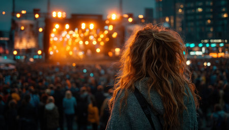A woman with long hair is seen from behind, facing a stage with bright lights. The image showcases a large crowd in the foreground and city buildings in the background. The lighting is warm with a focus on stage illumination. This image could be used for editorial and commercial purposes.の素材