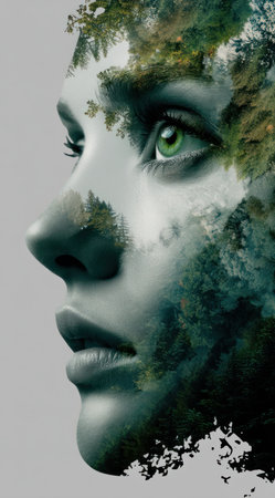 This image features a woman's face seamlessly integrated with a forest scene, creating a surreal and artistic composition. The color palette primarily uses green and grey tones. The soft lighting and vertical orientation suggest a conceptual piece, suitable for illustrating ideas related to nature, environment, and human connection. It has potential for editorial and commercial use.の素材