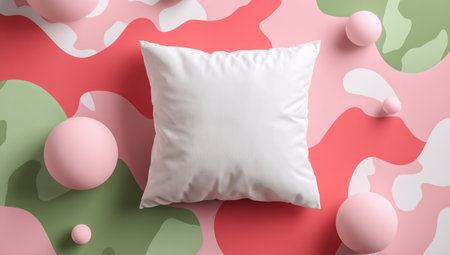 A square white pillow is centered on a vibrant, abstract background. The pattern features pink, green, and red organic shapes. Scattered pink spheres of varying sizes add depth. The composition uses overhead lighting. The image suggests potential uses in advertising, design, or textile promotion, perfect for visual projects.の素材